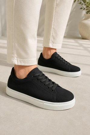 Austin Bağcıklı Cilt Erkek Günlük Sneaker Ayakkabı - Siyah Beyaz Süet