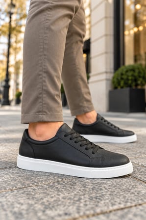 Etile Bağcıklı Cilt Erkek Günlük Sneaker Ayakkabı - Siyah