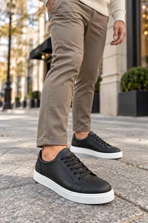 Etile Bağcıklı Cilt Erkek Günlük Sneaker Ayakkabı - Siyah