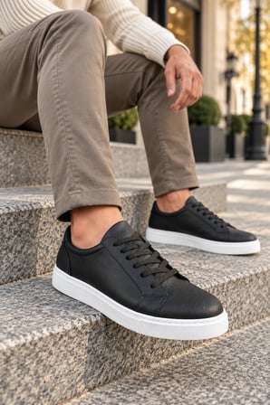 Etile Bağcıklı Cilt Erkek Günlük Sneaker Ayakkabı - Siyah