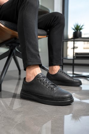 Emirp Cilt Bağcıklı Erkek Sneaker Günlük Ayakkabı - Siyah