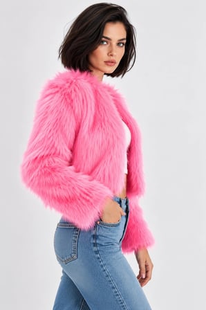 Kadın Suni Kürklü Astarlı Kışlık Mont - Pembe
