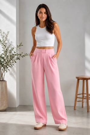 Kadın Beli Cırtlı Rahat Palazzo Pantolon - Toz Pembe