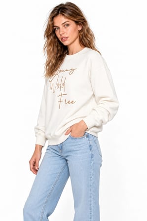 Kadın Parlak Taş Baskılı Salaş Kesim Üç İplik Sweatshirt  - Beyaz