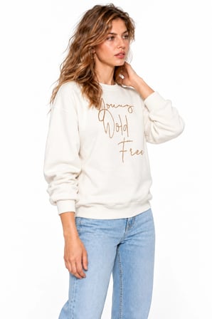 Kadın Parlak Taş Baskılı Salaş Kesim Üç İplik Sweatshirt  - Beyaz