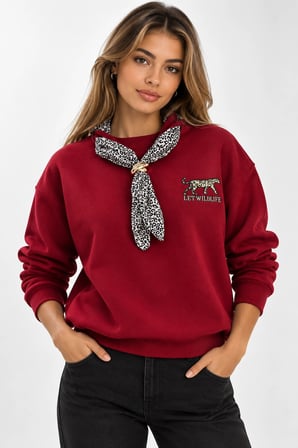 Bisiklet Yaka Nakışlı Kadın Sweatshirt - Üç İplik Şardonlu Oversize Şık Tasarım - Bordo