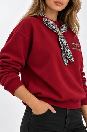 Bisiklet Yaka Nakışlı Kadın Sweatshirt - Üç İplik Şardonlu Oversize Şık Tasarım - Bordo