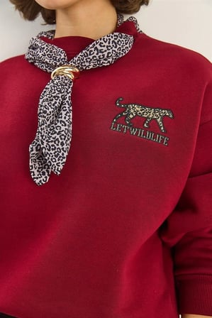Bisiklet Yaka Nakışlı Kadın Sweatshirt - Üç İplik Şardonlu Oversize Şık Tasarım - Bordo