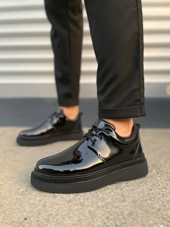 Ornex Erkek Deri Görünümlü Bağcıklı Casual Sneaker Klasik Günlük Ayakkabı - Siyah Rugan