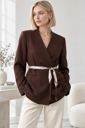 Kadın Şık Fular Kemerli Kruvaze Yaka Ceket - Kuşaklı Blazer Ceket - Kahverengi