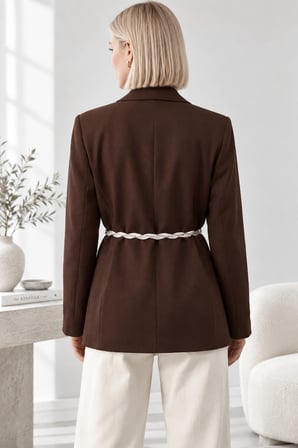 Kadın Şık Fular Kemerli Kruvaze Yaka Ceket - Kuşaklı Blazer Ceket - Kahverengi