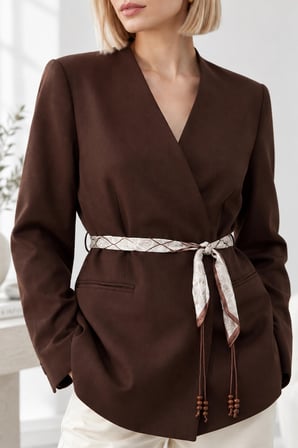 Kadın Şık Fular Kemerli Kruvaze Yaka Ceket - Kuşaklı Blazer Ceket - Kahverengi