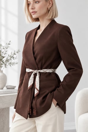 Kadın Şık Fular Kemerli Kruvaze Yaka Ceket - Kuşaklı Blazer Ceket - Kahverengi