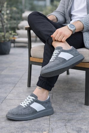 Lunex Erkek Bağcıklı Süet Günlük Spor Sneaker Ayakkabı - Gri - Beyaz