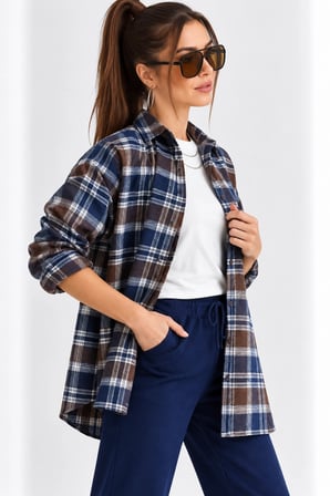 Kadın Oversize Oduncu Gömlek Ekose Desenli Cepli Uzun Kollu Ceket Gömlek - Kahve-Lacivert