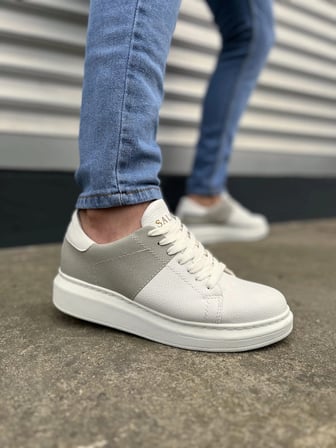 Tsoob Bağcıklı Cilt  Süet Erkek Günlük Rahat Taban Sneaker Ayakkabı - Gri - Beyaz