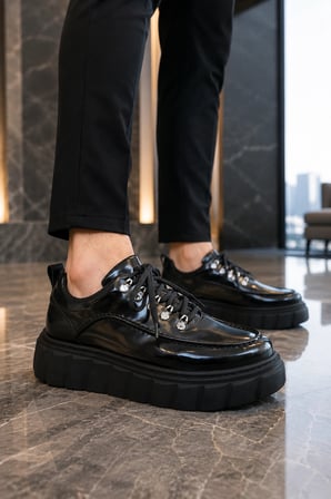Duolc Bağcıklı Rugan Erkek Günlük Rahat Taban Sneaker Ayakkabı - Siyah