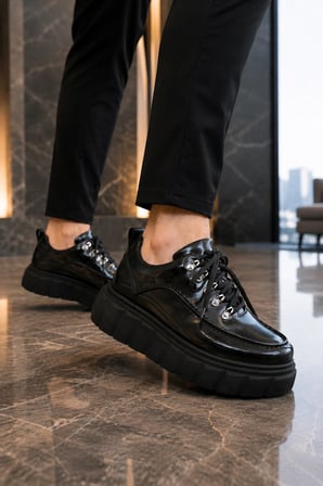 Duolc Bağcıklı Rugan Erkek Günlük Rahat Taban Sneaker Ayakkabı - Siyah