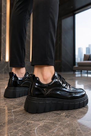 Duolc Bağcıklı Rugan Erkek Günlük Rahat Taban Sneaker Ayakkabı - Siyah