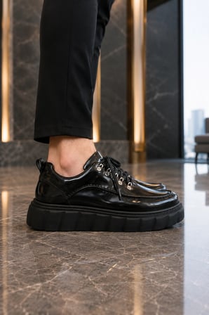 Duolc Bağcıklı Rugan Erkek Günlük Rahat Taban Sneaker Ayakkabı - Siyah