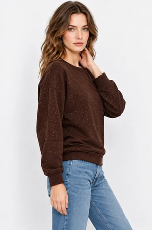 Yaldız Baskılı Zincirli ve Fularlı Kadın Oversize Modal Sweatshirt  - Acı Kahve