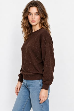 Yaldız Baskılı Zincirli ve Fularlı Kadın Oversize Modal Sweatshirt  - Acı Kahve