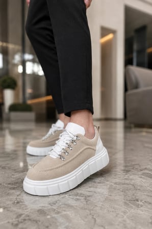 Duolc Bağcıklı Süet Erkek Günlük Rahat Taban Sneaker Ayakkabı - Krem