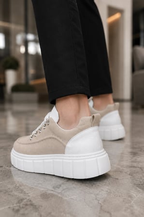 Duolc Bağcıklı Süet Erkek Günlük Rahat Taban Sneaker Ayakkabı - Krem