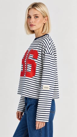 Kadın Oversize Çizgili Baskılı Uzun Kollu T-Shirt - 36 Detaylı Spor Şık Tişört - Ekru-Lacivert