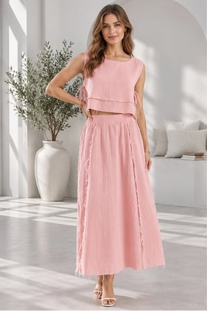 Beli Lastikli ve Yan Bağlamalı Müslin Etek-Crop Takım - Şeker Pembe