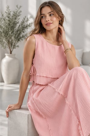 Beli Lastikli ve Yan Bağlamalı Müslin Etek-Crop Takım - Şeker Pembe
