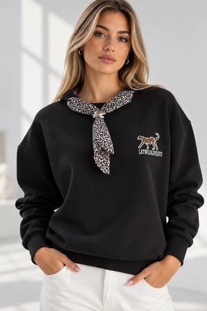 Bisiklet Yaka Nakışlı Kadın Sweatshirt - Üç İplik Şardonlu Oversize Şık Tasarım - Siyah