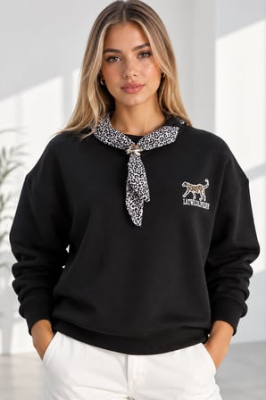 Bisiklet Yaka Nakışlı Kadın Sweatshirt - Üç İplik Şardonlu Oversize Şık Tasarım - Siyah