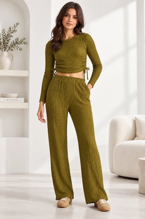 Yan Bağlamalı Crop & Lastikli Yüksek Bel Bürümcük Pantolon Takım - Yeşil