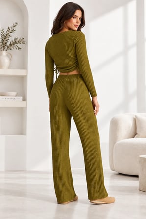 Yan Bağlamalı Crop & Lastikli Yüksek Bel Bürümcük Pantolon Takım - Yeşil