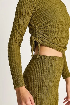 Yan Bağlamalı Crop & Lastikli Yüksek Bel Bürümcük Pantolon Takım - Yeşil