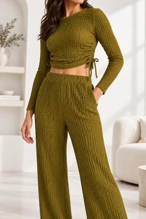 Yan Bağlamalı Crop & Lastikli Yüksek Bel Bürümcük Pantolon Takım - Yeşil