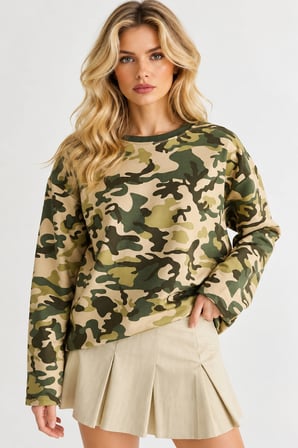 Haki Kamuflaj Baskılı Geniş Kesim Kadın Sweatshirt - Yeşil