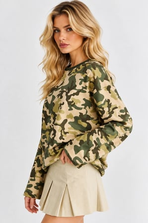 Haki Kamuflaj Baskılı Geniş Kesim Kadın Sweatshirt - Yeşil