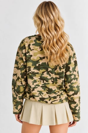 Haki Kamuflaj Baskılı Geniş Kesim Kadın Sweatshirt - Yeşil