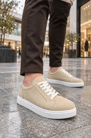 Etile Bağcıklı Süet Erkek Günlük Sneaker Ayakkabı - Krem