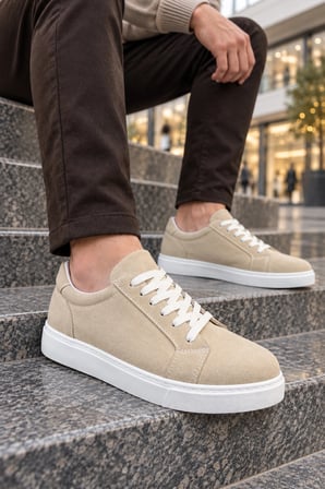 Etile Bağcıklı Süet Erkek Günlük Sneaker Ayakkabı - Krem