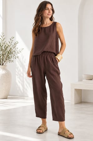 Beli Lastikli Modal Pantolon & Kalın Askılı Bluz Takımı - Acı Kahve
