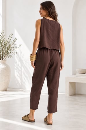 Beli Lastikli Modal Pantolon & Kalın Askılı Bluz Takımı - Acı Kahve