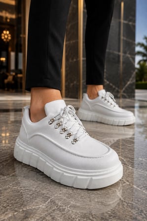 Duolc Bağcıklı Cilt Erkek Günlük Rahat Taban Sneaker Ayakkabı - Beyaz