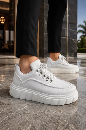 Duolc Bağcıklı Cilt Erkek Günlük Rahat Taban Sneaker Ayakkabı - Beyaz
