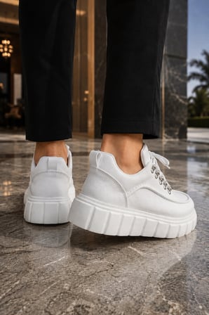 Duolc Bağcıklı Cilt Erkek Günlük Rahat Taban Sneaker Ayakkabı - Beyaz