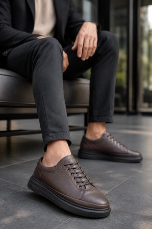 Emirp Cilt Bağcıklı Erkek Sneaker Günlük Ayakkabı - Kahverengi