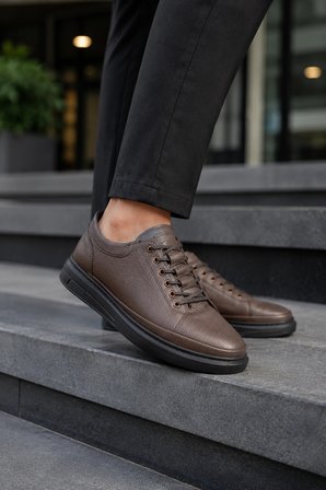 Emirp Cilt Bağcıklı Erkek Sneaker Günlük Ayakkabı - Kahverengi