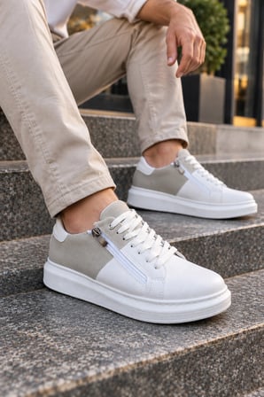 Roirraw Bağcıklı ve Fermuarlı Süet Erkek Günlük Sneaker Ayakkabı - Beyaz Gri